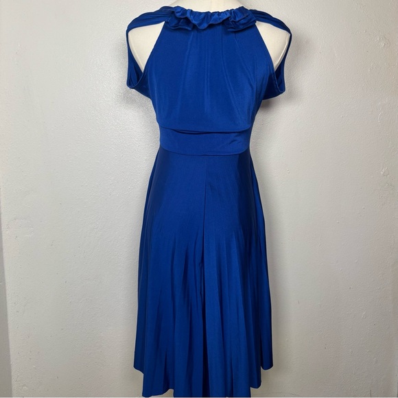 y2k flowy royal blue midi pleated dress short sleeve ruffles classy timeless - Picture 3 of 8